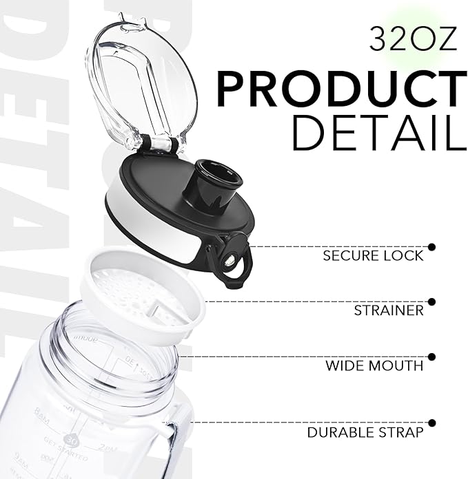 32oz Water Bottle with Time Marker, Motivational Drinking Bottle with Strap, BPA-Free Leak-Proof, Encouraging Water Bottle Time to Drink Water for Gym School Office Travel