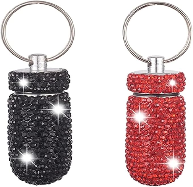 2 Pcs Pill Holder Keychain, Bling Aluminum Medicine Holder Pill Container Mini Size Waterproof and Light Weight Portable Pill Bottle Case (Black+Red)