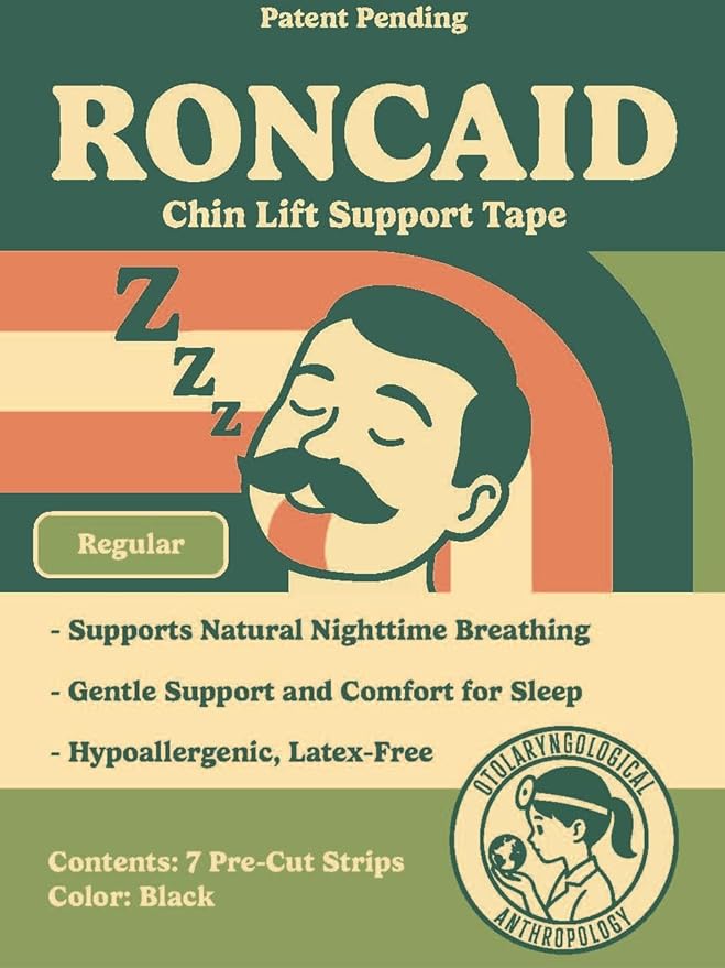Roncaid Chin Lift Support Tape for Sleep - Black - 7 Pre-Cut Strips - Hypoallergenic, Latex-Free - Mouth Tape Alternative - Natural Nighttime Breathing Support (Regular)