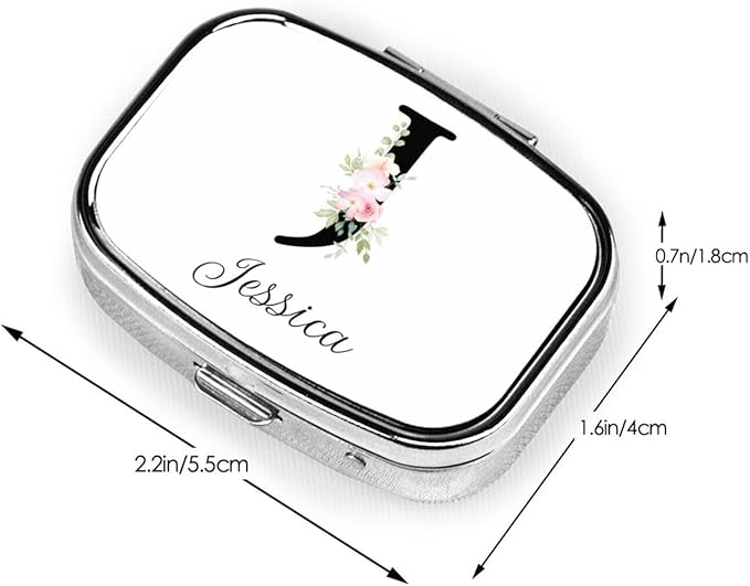 Custom Pill Box Personalized Square Small Pill Case with Mirror Add Your Photo Text Logo Name Decorative 2 Compartment Portable Metal Medicine Container Vitamin Organizer for Pocket Purse Travel (J)