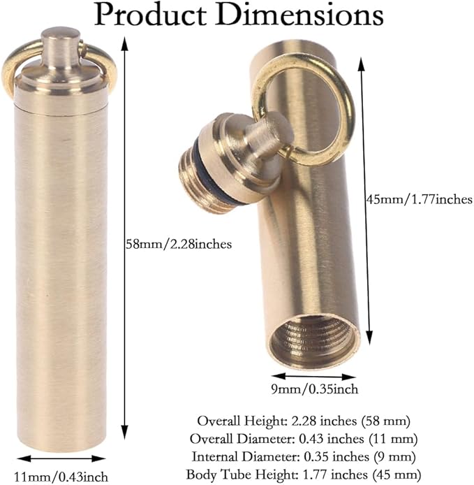 EORTA 2 Pieces Mini Pill Fob Portable Keyring Boxes Waterproof Brass Bottles Medicine Case Dispenser Tablet Container Single Chamber Holder for Travel Outdoor Sports, Golden