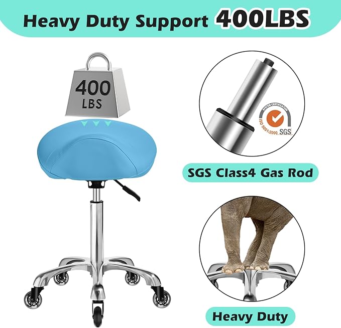 Saddle Stool with wheels Ergonomic - Heavy Duty 400lbs, Upgraded Thick Saddle Cushion, Healthy Posture Correction, Swivel Adjustable Rolling Saddle Stool, Saddle Chair for Salon Massage Home (Blue)