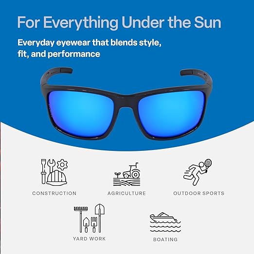 Bullhead Safety Eyewear Pompano Glasses - Anti-Fog, Lightweight, Impact/Scratch Resistant, UV Blocking Sunglasses for Cycling, Fishing, Driving, Blue Mirror/Shiny Black