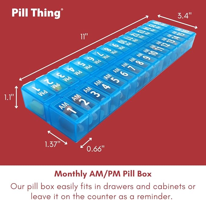 Twice-a-Day Monthly Pill Box Planner Set - AM & PM Medication Organizer for 31 Days! Set Contains 2 Organizers for One Month. (Blue - 31 Day AM/PM -1 Pack)