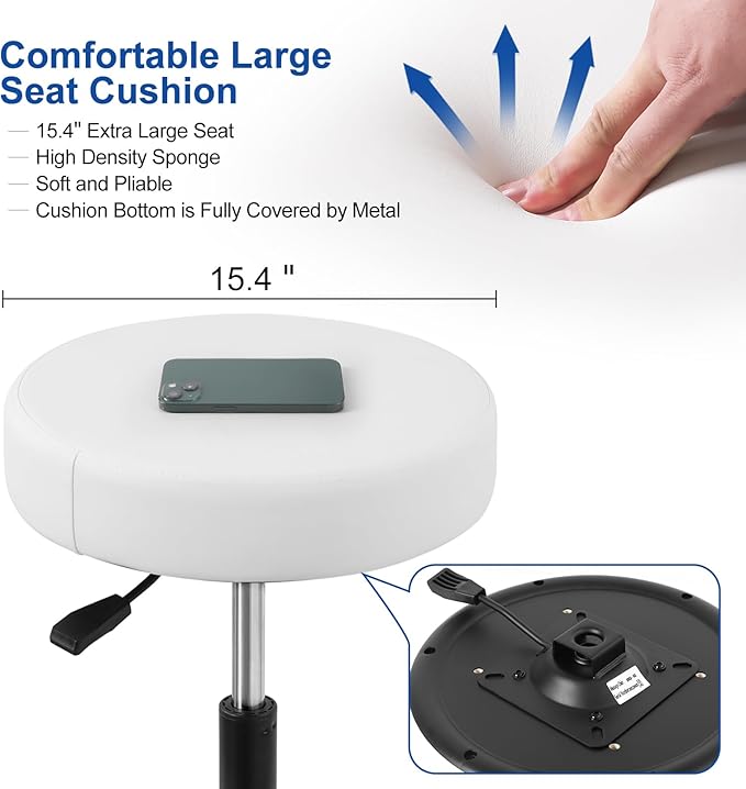 JMU Rolling Stool with Wheels, PVC Leather Large Seat, 400lbs Heavy Duty Adjustable Height,for Dentists Healthcare (White)