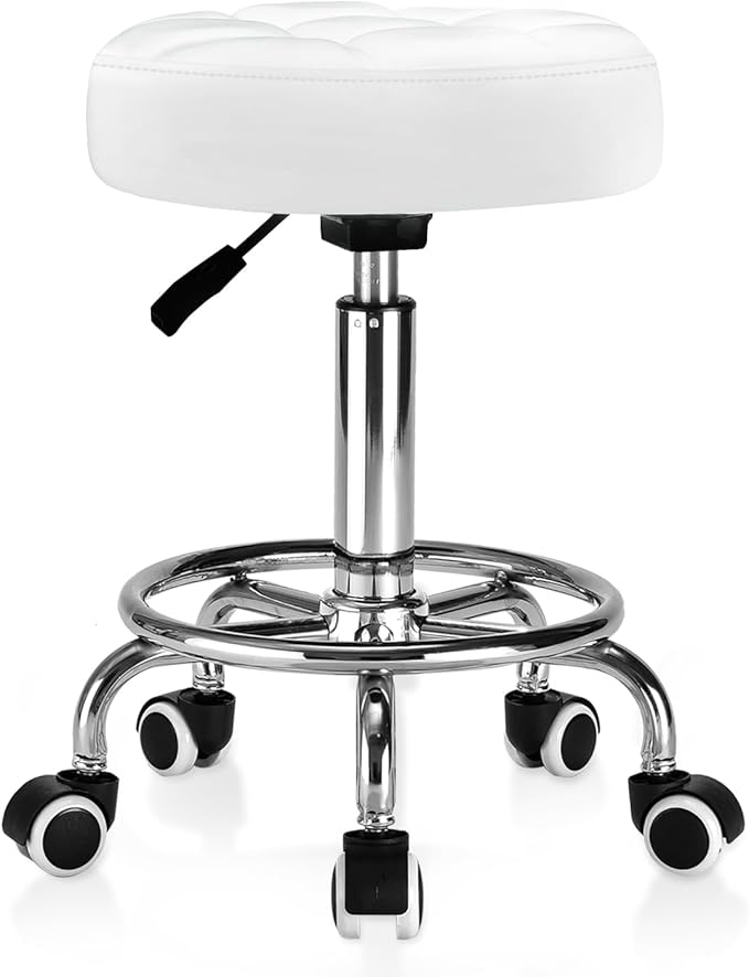 Rolling Stool PU Leather Round - Ultra Soft Padded Seat Cushion Stool with Wheels with Footrest, Weight Capacity 300lb,Adjustable Height Stool for Tattoo Massage Salon Medical Spa Center (White)
