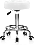 Rolling Stool PU Leather Round - Ultra Soft Padded Seat Cushion Stool with Wheels with Footrest, Weight Capacity 300lb,Adjustable Height Stool for Tattoo Massage Salon Medical Spa Center (White)