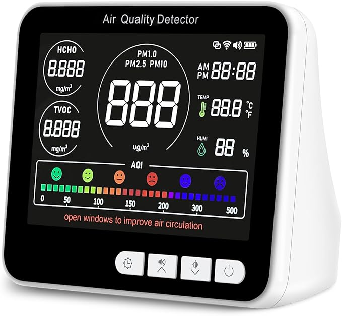 14 in 1 Air Quality Monitor Indoor with Beep Alarm, 6 AQI Air Quality Detector with PM1.0|PM2.5|PM10|HCHO|TVOC|AQI|Temperature|Humidity|Time for Home, Hotel, Office, Car, Battery Powered Air Monitor