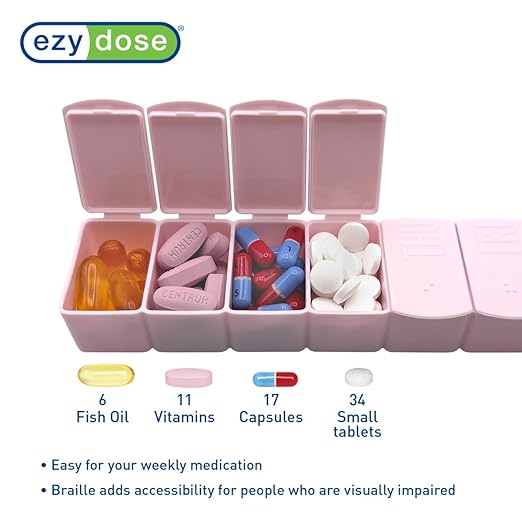 EZY DOSE Weekly (7-Day) Daily Pill Case, Embossed Matte Pill Case, Daily Medicine & Vitamin Organizer Box, Large Easy-Open Compartments, BPA-Free Medication Planner for Home & Travel, Pink
