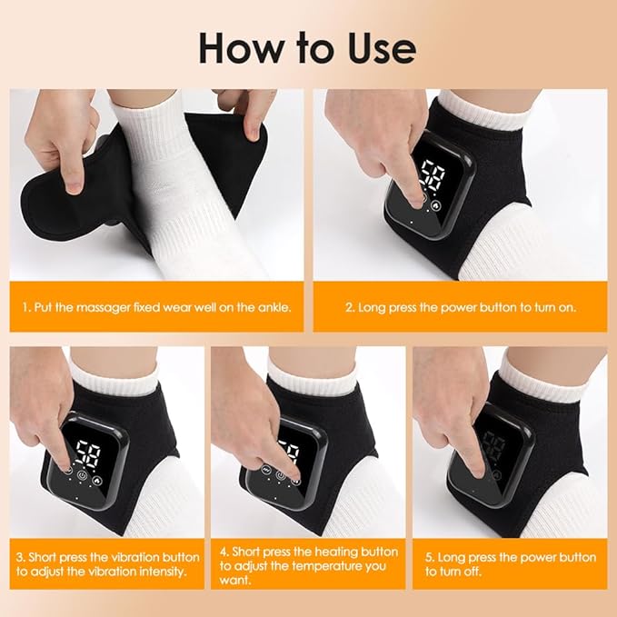 Heated Ankle Wrap with Vibration Massage – Cordless Electric Foot Massager Brace for Pain Relief, Swelling, Stiffness & Circulation – Rechargeable Heating Pad Support for Men & Women