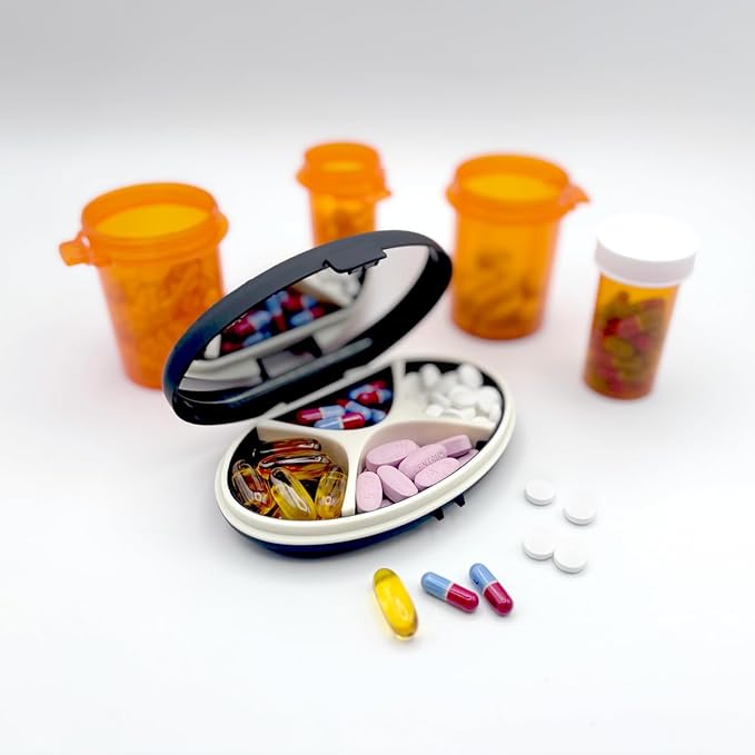 EQUADOSE Oval Compact Pill Case, Portable Organizer with Mirror, Travel Medication Holder with Removable Divider, Small Storage Case for Pills, Vitamins, Earbuds, Jewelry & Daily Essentials, Black