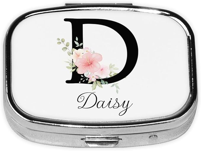 Custom Pill Box Personalized Square Small Pill Case with Mirror Add Your Photo Text Logo Name Decorative 2 Compartment Portable Metal Medicine Container Vitamin Organizer for Pocket Purse Travel (D)