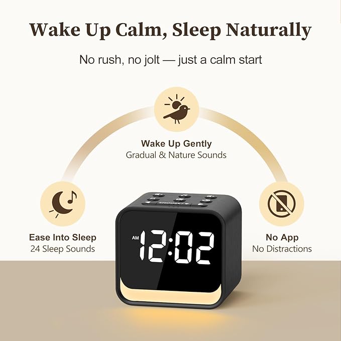 HOUSBAY Wooden Sound Machine Alarm Clock for Bedrooms - Gentle Wake-Up with Birdsong, White Noise for Sleeping, Small Digital Clock for Phone-Free Routine - Charcoal Wood