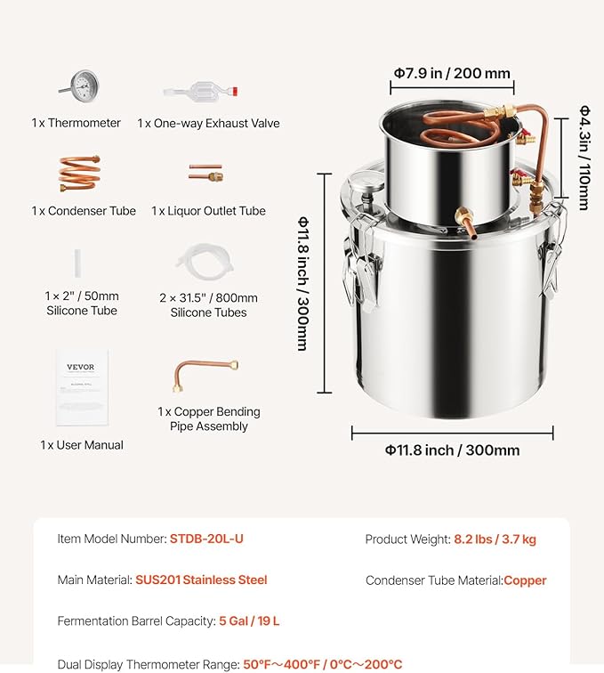 VEVOR Alcohol Still, 5 Gal / 19 L Stainless Steel Water Alcohol Distiller with Copper Coil, Home Brewing Refining Fermentation Kit with Thermometer, for Wine Whisky Brandy, Silver