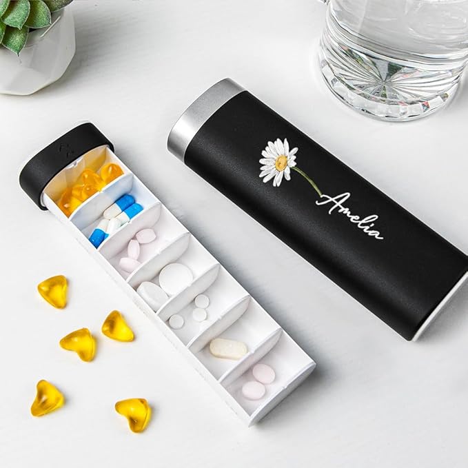 callie Personalized Weekly Pill Organizer - Custom Birth Flower & Name, 7 Day Pill Case Travel Medicine Organizer with Large Compartment for Supplements Pills Vitamins