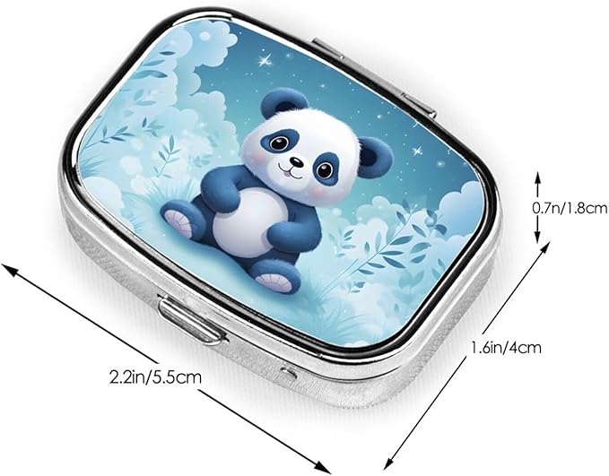 Cute Panda Patterns Pill Box with Mirror 2 Compartment Metal Square Small Pill Case for Purse Pocket Portable Pill Container Holder Travel Medicine Organizer for Vitamin Fish Oil Supplement