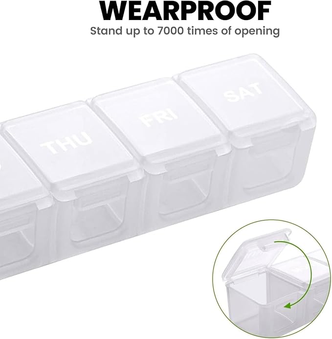 Sukuos Medium Large Weekly Pill Organizer – 7 Day Daily Pill Box, Easy-to-Open Medicine Container with Silkscreen & Clear Lid for Vitamins, Fish Oils or Supplements White
