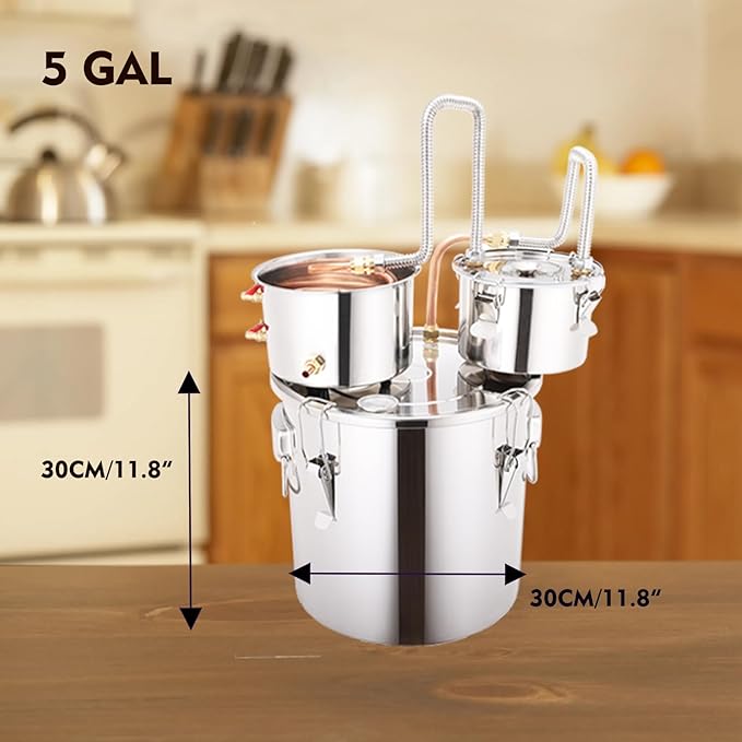 Shine Still 5 GAL 3 Pots Distillery Kit for Alcohol Stainless Steel Copper Tube Complete with Thumper Water Pump Metal Thermometer Fermentation Airlock Distilling for Whiskey, Brandy etc.