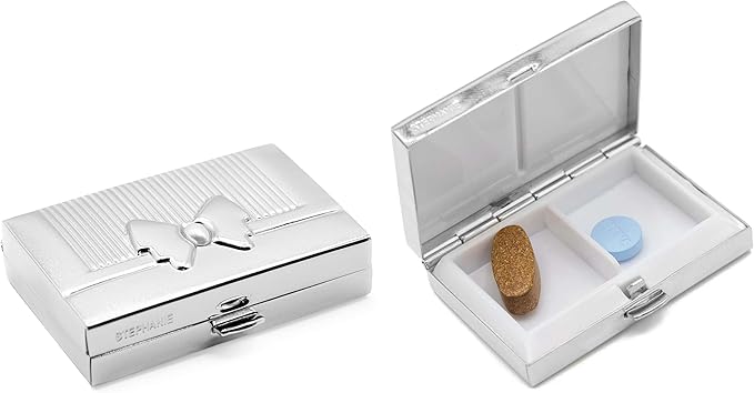 Set of 2 Rectangular-Shaped Pocket Purse Pill Box & Organizer with Dual Compartments (Silver Gift Bow)