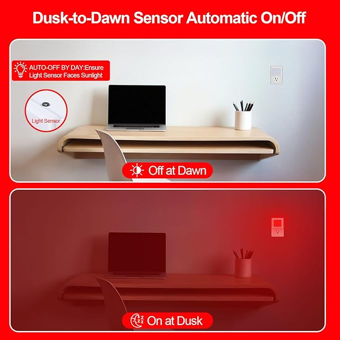 670nm Red Light Night Light for Sleep[4 Pack]- Zero Blue Light, Dimmable & Energy Efficient 0.3W Night Light Plug into Wall with Dusk-to-Dawn Sensor for Nursery, Bedroom, Bathroom