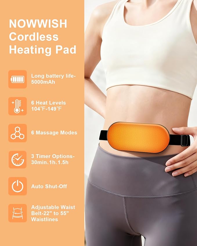 NOWWISH Upgraded Graphene Heating Pad for Period Cramps Pain Relief, Portable Electric Cordless Menstrual Heating Pad with 6 Heat Levels 6 Massage Modes 3 Timer, Easter Gifts for Women Girls, Black