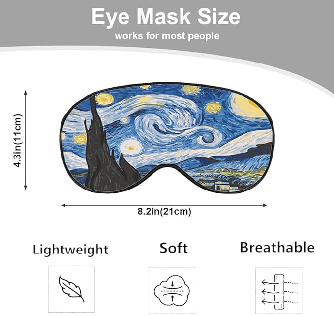 Starry Sky Sleep Eye Mask Eye Cover Van Gogh Night Sky Moon Tree Village Silk Eye Mask for Sleeping with Adjustable Strap for Travel Nap Shift Work Office