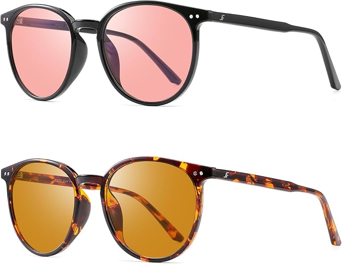 2 Pack Indoor Fluorescent-41 Pink & Outdoor Fluorescent-60 Brown Round Tinted Blue Light Blocking Glasses for Migraine, Light Sensitivity, Photophobia & LED Gaming Computer Screen Glare RF6213