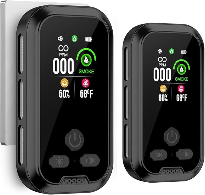 2-Pcs 4IN1 Plug in Smoke & Carbon Monoxide Detector Combination Builti-in 2000 mAh Backup Battery HD Screen [Smoke CO Temp Humidity Sensor] Alarm for Home Travel Hotel Indoor (Black)