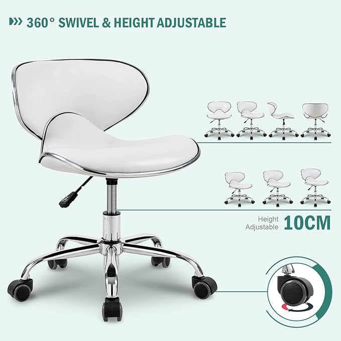 Paddie Pedicure Stools for Nail Tech, Salon Spa Stool Back Support Short Height Adjustable Hydraulic Swivel Chair, Perfect for Massage/Tattoo/Esthetician/Shop/Medical, White