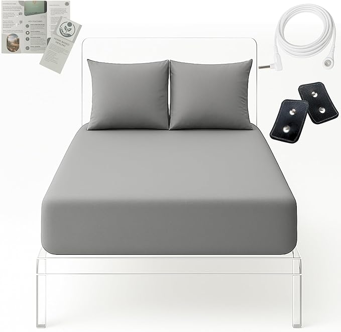 Premium Fitted Grounding Sheet - Gray, Full XL (54"x80"), 95% Organic Cotton, 5% Silver Thread, 15' Upgraded Earthing Cord, for Better Sleep & Wellness with Holistic Alignment