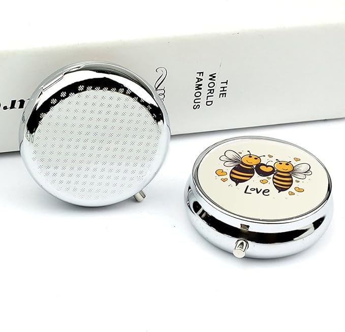 Bee Love Honey Pill Box Travel Pill Case for Purse Pocket Weekly Medicine Organizer with Mirror 3 Compartment Round Medicine Case Portable PillcaseHolder for Daily