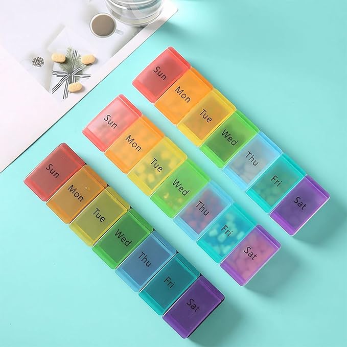 Pill Organizer, Weekly Portable Pill Dispenser, Travel Daily Pill Case Box Holder, 7 Compartment Medication Planner for Vitamin, Medicine, Fish Oil, Supplements (Transparent, 7-Color lid