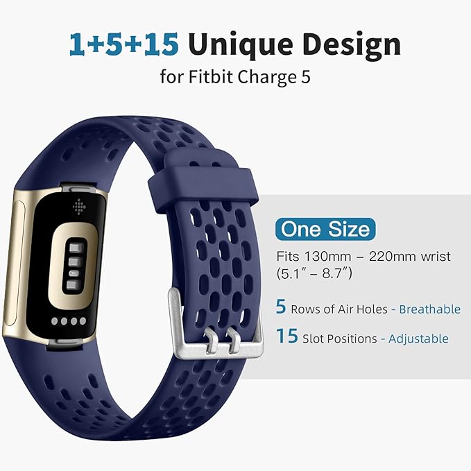 Getino Sport Bands Compatible with Fitbit Charge 5/ Charge 6 for Women Men, Soft Breathable Waterproof Strap Replacement Accessories for Fitbit Charge 5/ Charge 6 Advanced Fitness Tracker, Navy Blue