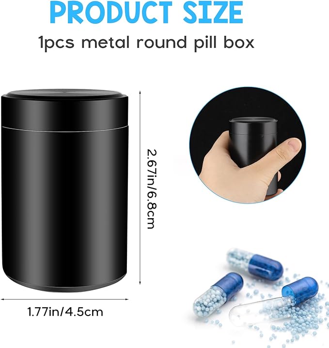 Portable Metal Small Pill Case, Round Alloy Pill Holder Pocket Small Pill Box Waterproof Medicine Organizer Bottle Container for Travel Outdoor Vitamin Fish Oils (Black)