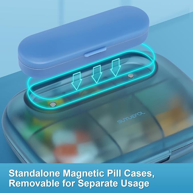 Toplive 6 Compartments Small Pill Case Travel Pill Organizer Pocket Medication Travel Case Portable Small Pill Container with Magnet Light-Proof Mini Pill Box, Blue