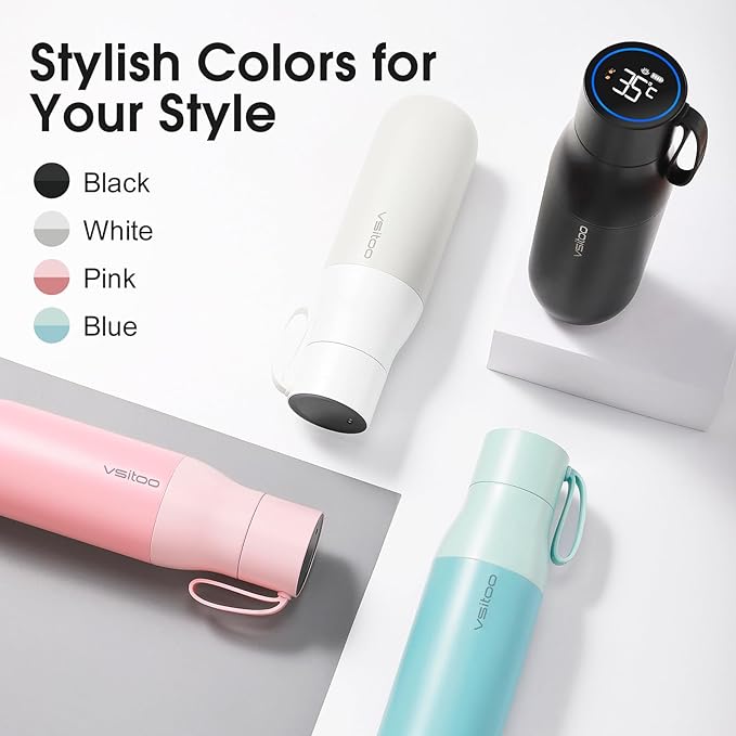 VSITOO 15oz Mini Smart Water Bottle，Self-Cleaning Insulated Bottle, Small Thermoses with AI, App & Touchscreen, Perfect Purse Water Bottle for Travel, Gym & Office, Black