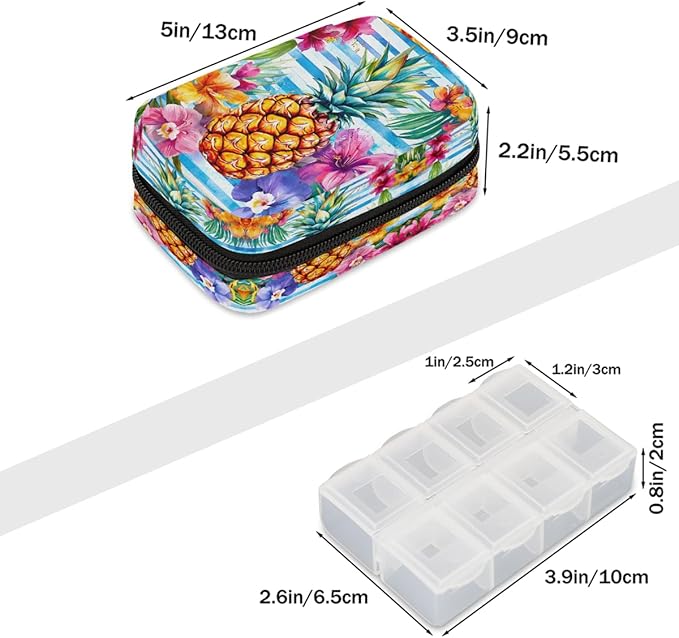 Tropical Pineapple Fruit Pill Case Travel Pill Organizer Weekly 7 Day Portable with Zipper Medicine Box Pill Case for Vitamins, Birth Control,Fish Oils,Medication, Supplements