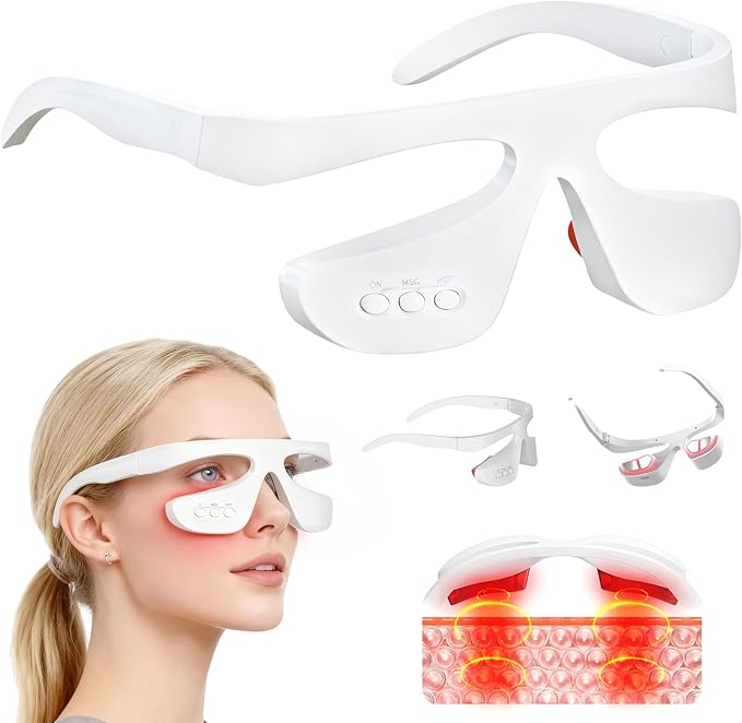 Under Eye Red Light Therapy Glasses, Reducing Dark Circles,Light Therapy, and Heat,Light Therapy, and Heat, for Eye Fatigue(White & 3 Modes)