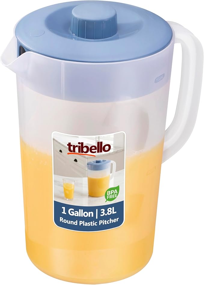 Tribello 1 Gallon Pitcher with Lid, Clear Plastic Water Pitcher with 3-Way Lid, Freezer/Dishwasher Safe, and BPA Free (1 Gallon)