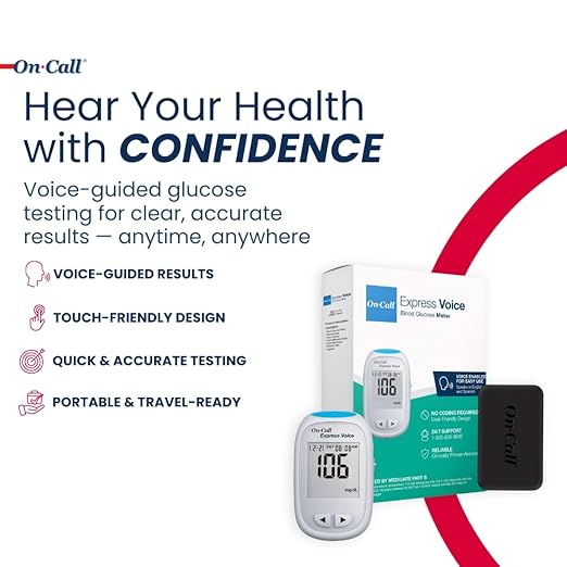 Blood Glucose Monitor Meter by On-Call Express Voice, Bilingual (English/Spanish) Guidance, 300 Test Storage, Large Display, Accurate Diabetic Blood Sugar Results in Seconds, Travel Case