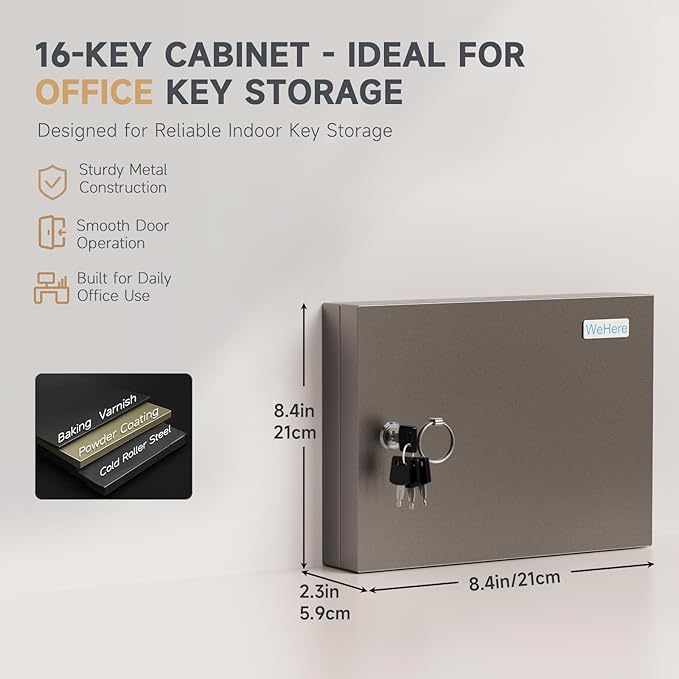 16 Key Lock Box – Wall Mounted Key Cabinet with Magnetic Door & Key Tags, Steel Lockable Key Organizer for Home, Garage & Small Office