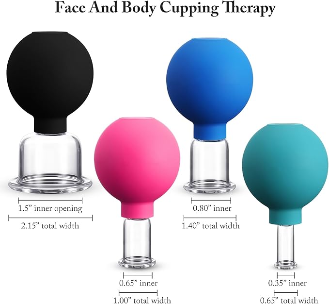 BBTO 4 Pcs Glass Facial Cupping Set Silicone Vacuum Suction Massage Cups Skin Tightening Therapy for Face Body Eyes Back Shoulder Pain(Multicolor)