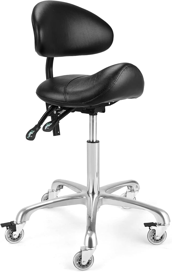Saddle Stool Chair With Back Support - Ergonomic Rolling Saddle Stools with Wheels Heavy Duty Hydraulic Swivel Adjustable Stool Esthetician Chair for Massage Hair stylist Salon Tattoo office (Black)