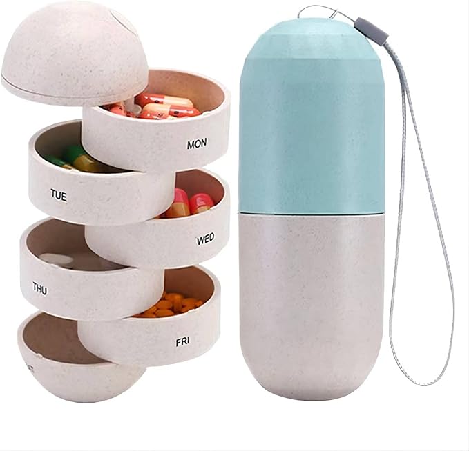 Portable Pill Organizer Box, Cereal Fiber Weekly Pill Box Large Compartment Water and Moisture Resistant Travel Hiking Pill Box 7 Days Pill Capsule Box, Vitamins, Fish Oil, Supplements