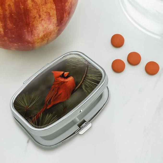 Northern Cardinal Red Pine Perch Rectangle Pill Case Trinket Gift Box