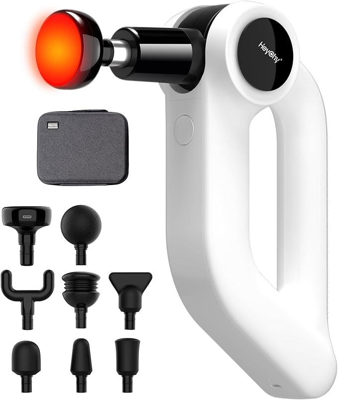 Massage Gun with Heat - Deep Tissue Percussion Massager for Pain Relief, 12mm Amplitude, 5 Speeds & 8 Attachments, Ideal for Muscle Recovery, Back Shoulder Leg - Gift for Athletes, Men, Women (White)