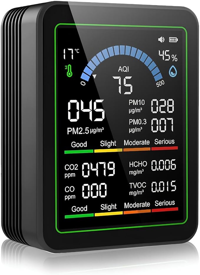 10-in-1 Air Quality Monitor Indoor, Professional CO2 Detector, Carbon Monoxide Meter, Temperature, Humidity Monitor, Air Quality Tester for CO2,CO,TVOC,HCHO,PM2.5,Temp,AQI, Perfect for Home & Office