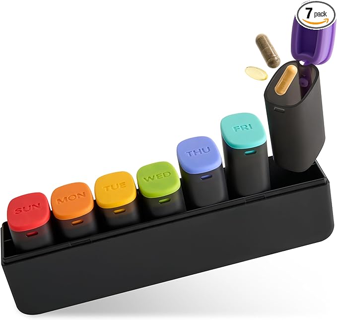 Weekly Pill Organizer 1 Time a Day - 7 Day Travel Pill Case with Detachable Daily Compartments, Secure Silicone Lids, Easy Open for Seniors & Arthritis, Durable Compact Vitamin & Medication Organizer
