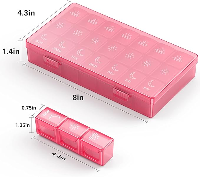 BUG HULL Weekly Pill Organizer 3X a Day, Daily 7 Day Medicine Pill Organizer 3 Times a Day, Travel Pill Case Container for Vitamins, Supplements