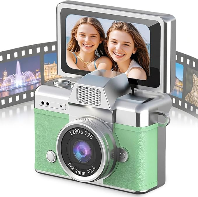 Mini Camera with Flip Screen, 2026 New Mini Digital Camera with 1.47 in LCD Screen, 1080P FHD Recording with 0.96" IPS Screen with 6 Retro Filters AVI, 32GB No Memory Card Included (Green)